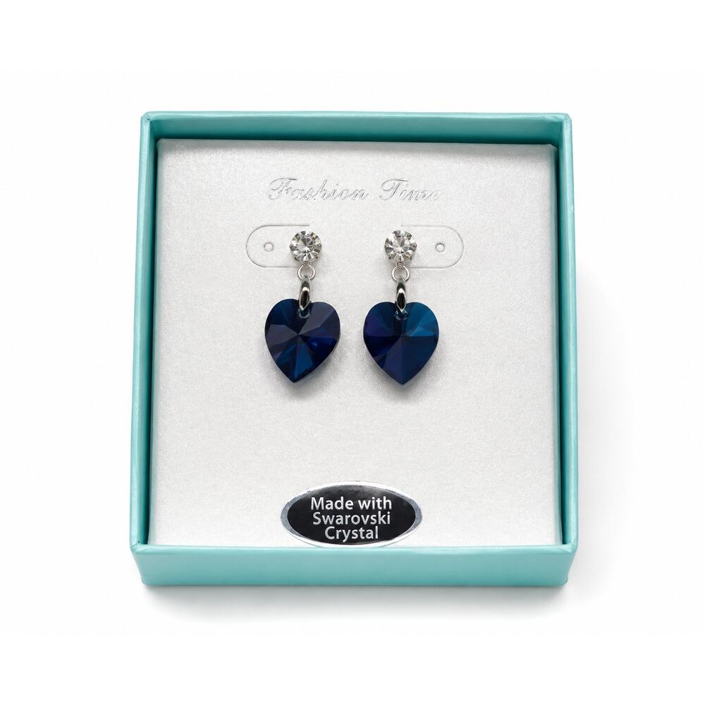 Swarovski Blue Heart Dangle Earrings Rhodium Plated NIB Gift Box